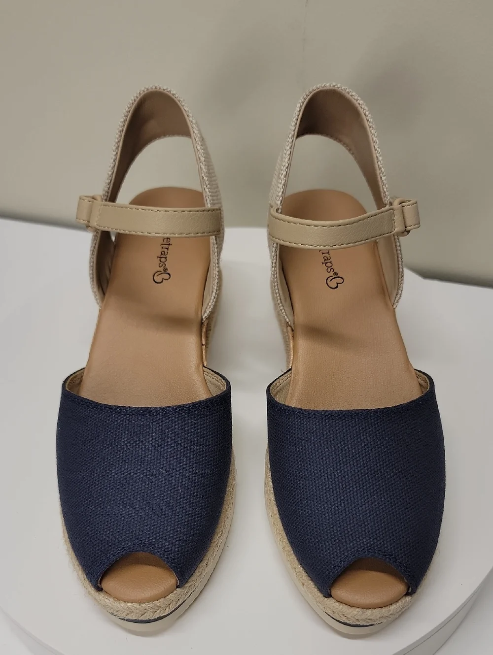 BARETRAPS-NEW IN BOX- Navy Canvas and Beige Cork Wedge Sandals